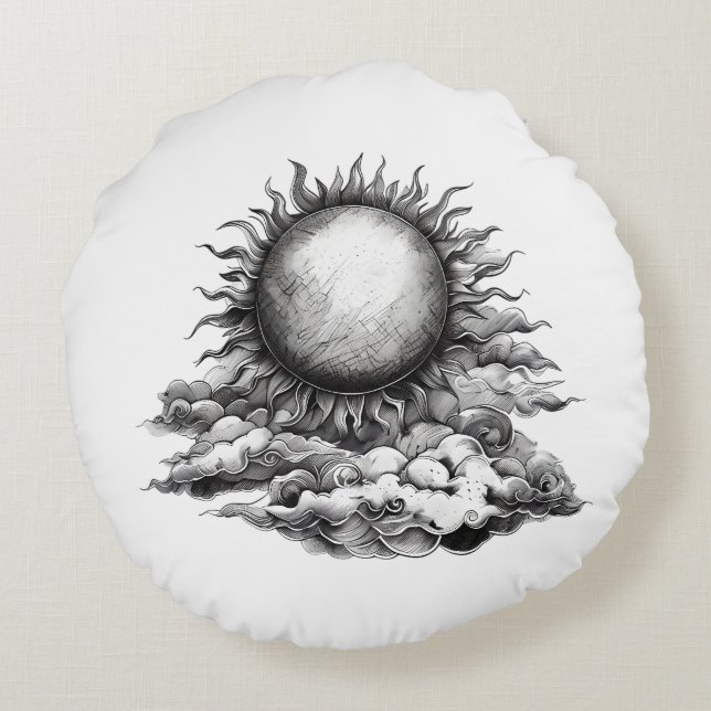 Skizzenstil von Sonne und Mond Rundes Kissen (Rückseite)
