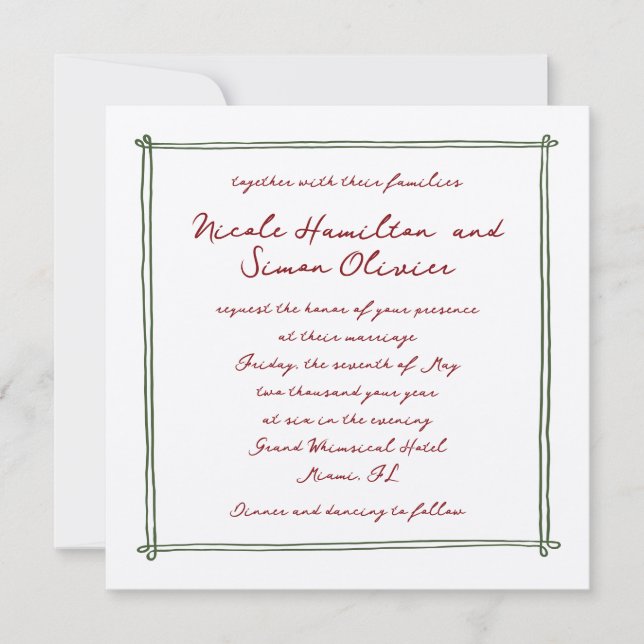 Skizzierrahmen Grüne Whimsikhandgezeichnete Hochze Einladung (Vorderseite)