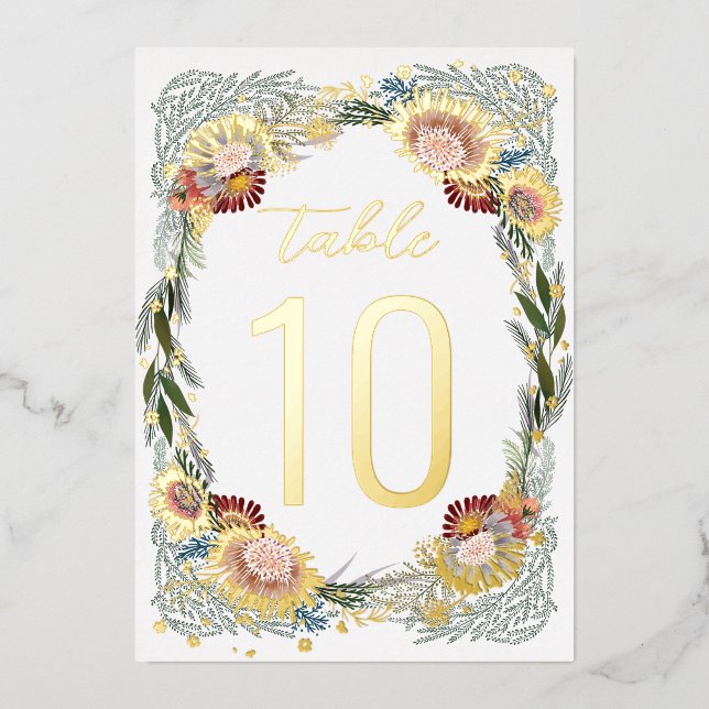 Skizzierte Blume Boho Gold Foil Tischnummern (Vorderseite)