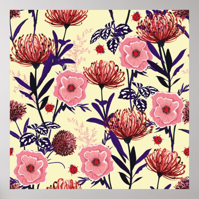 Skizzierte Blume in hellen Farben nahtlos p Poster (Vorne)