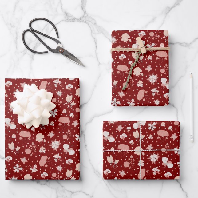 Skizzierte Blumen auf Dunkelrot Geschenkpapier Set (Vorderseite)