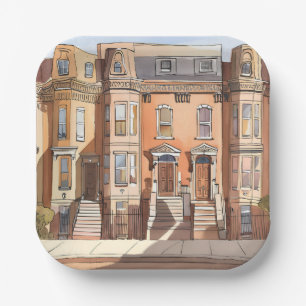 Skizzierte Brownstones Boston Streetmalerei Pappteller