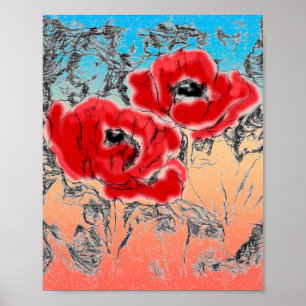 Skizzierte graue schwarze rote Blumen Mohn floral Poster