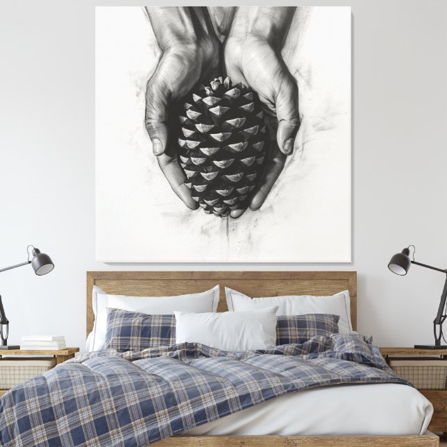 Skizzierte Hände mit Kiefernzapfen Leinwanddruck (Insitu (Schlafzimmer))