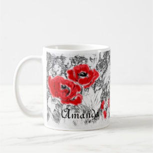 Skizzierte handgezeichnete rote Mohnblumen Blumen  Kaffeetasse