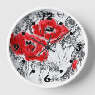 Skizzierte handgezeichnete rote Mohnblumen Blumen  Uhr
