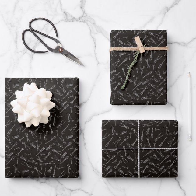 Skizzierte Tools auf schwarz Geschenkpapier Set (Vorderseite)