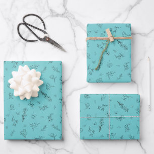 Skizzierte Wildblumen auf Hell-Teal Geschenkpapier Set