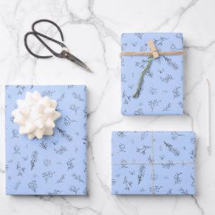Skizzierte Wildblumen auf Hellblau Geschenkpapier Set