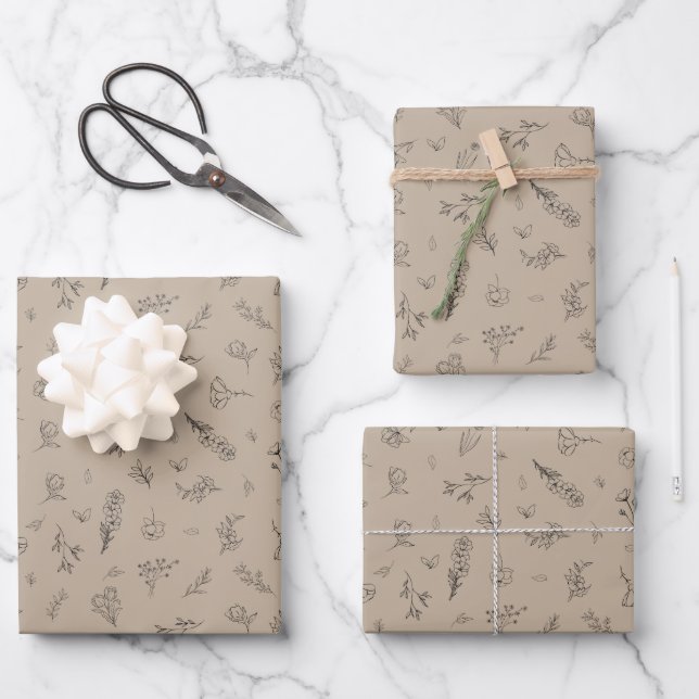 Skizzierte Wildblumen auf Hellbraun Geschenkpapier Set (Vorderseite)