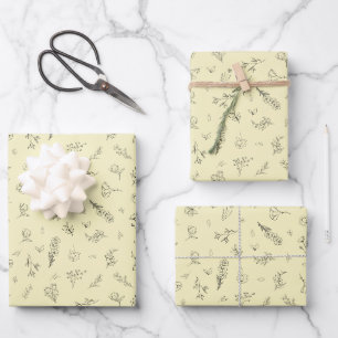 Skizzierte Wildblumen auf Hellgelb Geschenkpapier Set