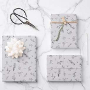 Skizzierte Wildblumen auf Hellgrau Geschenkpapier Set