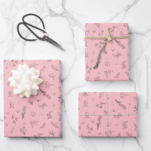 Skizzierte Wildblumen auf Hellrosa Geschenkpapier Set