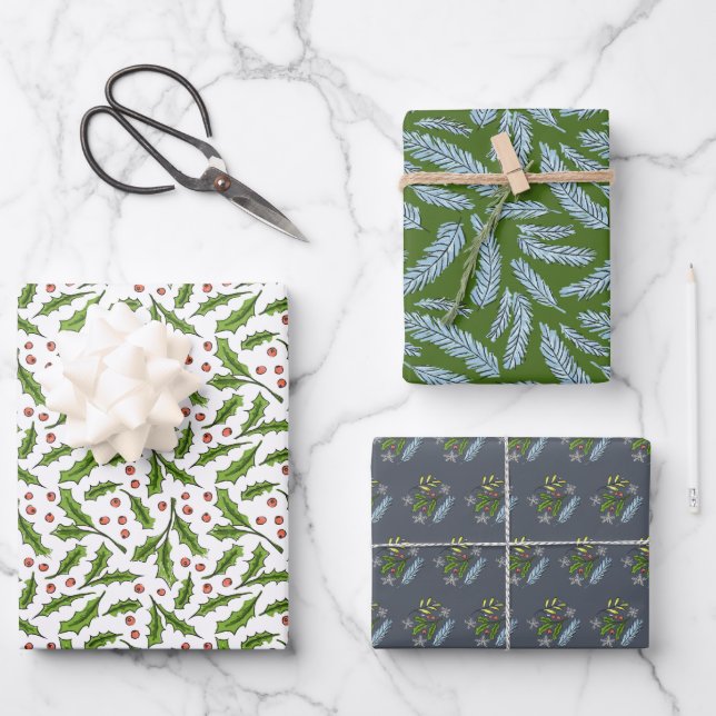 Skizzierte Winterzweige Holly und Spruce Muster Geschenkpapier Set (Vorderseite)