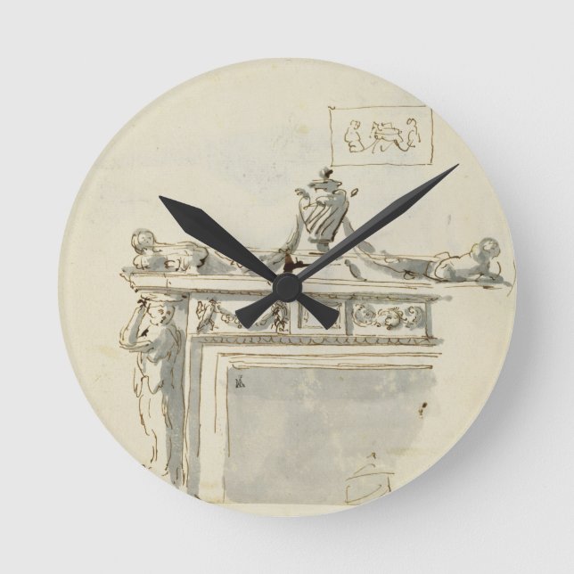 Skizzierter Entwurf für einen Kamin (Stift u. Runde Wanduhr (Vorderseite)