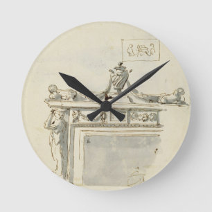 Skizzierter Entwurf für einen Kamin (Stift u. Runde Wanduhr