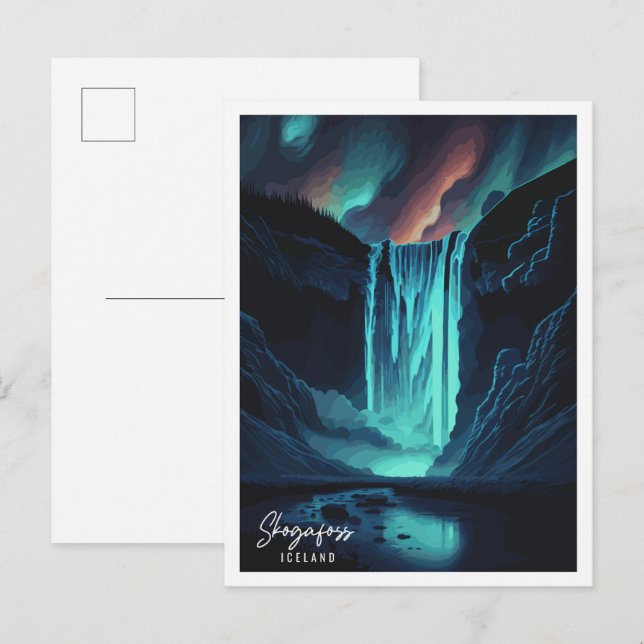 Skogafoss England Vintage Illustration Postkarte (Vorne/Hinten)