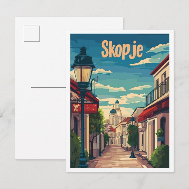 Skopje North Makedonia Vintage Travel Illustration Postkarte (Vorne/Hinten)