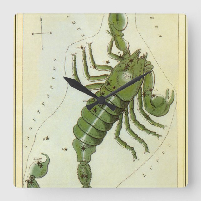 Skorpio, Vintager Sternbild Urania-Spiegel Quadratische Wanduhr (Vorderseite)