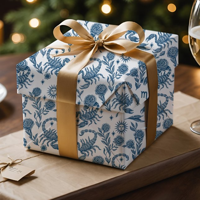 Skorpion Sternzeichen komplizierte himmlische blau Geschenkpapier (Scorpio Zodiac toile wrap with Delft blue scorpions, florals & celestial charm.)