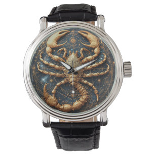 Skorpion über ein detailliertes Golden Astral Mand Armbanduhr