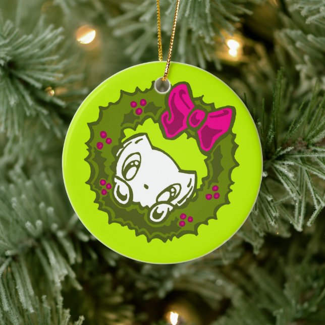 Skribbles the Cat: Weihnachtskranz Keramik Ornament (Baum)