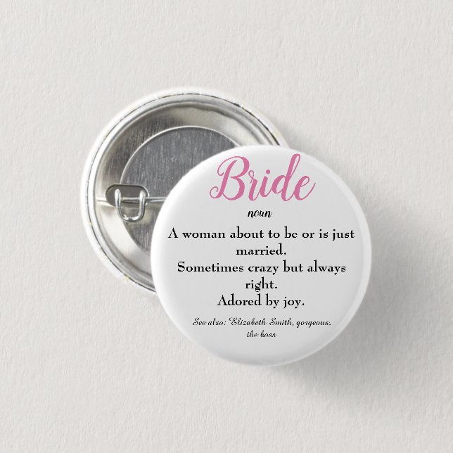Skript-Bride-Definition-Brautparty Hochzeiten Hint Button (Vorne & Hinten)