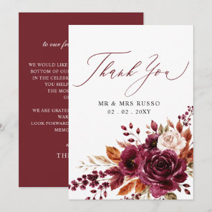 Skript Elegant Burgunder Herbst Blumen Hochzeit Dankeskarte
