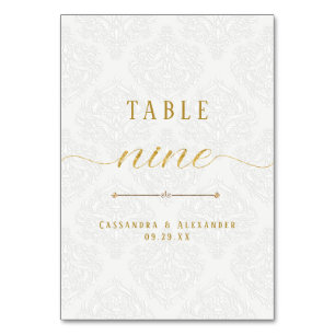 Skript Elegant Weiße Spitze Gold Hochzeit Neun 9 Tischnummer