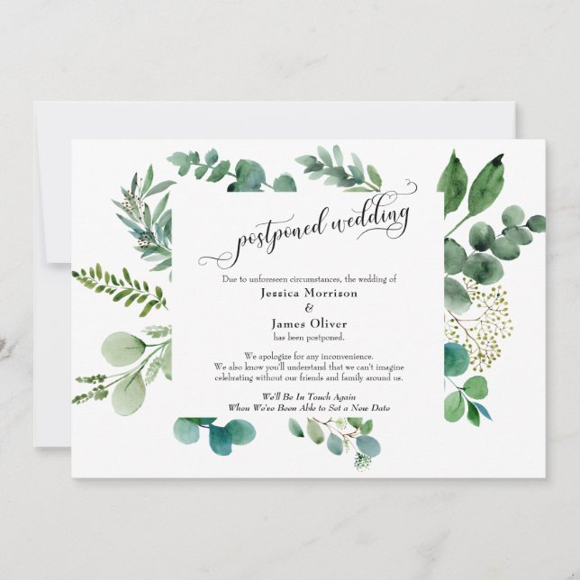 Skript Eukalyptus Postponed Wedding Card Einladung (Vorderseite)
