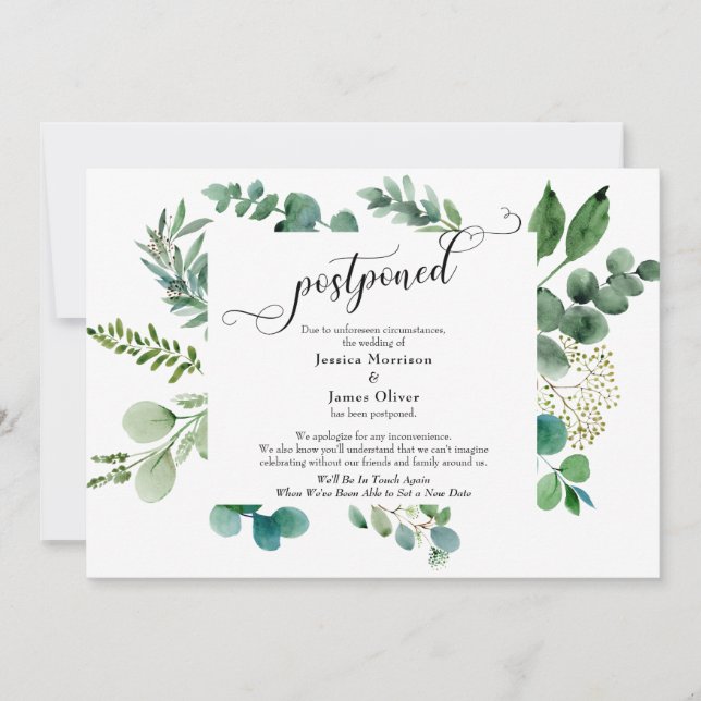 Skript Eukalyptus Postponed Wedding Card Einladung (Vorderseite)