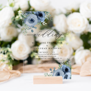 Skript Floral Dusty Blue Whimsical-Hochzeit Acryleinladungen