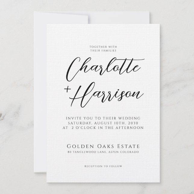 Skript-Foto Hochzeit Embossed Linen Texture Einladung (Vorderseite)