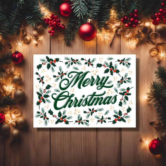 Skript Frohe Weihnachten Holly Red und Green (Script Merry Christmas Holly Red and Green Holiday Card, Colored Lights Background)