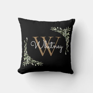 Skript Grün Floral Schwarz Gold Initial Monogramm Kissen
