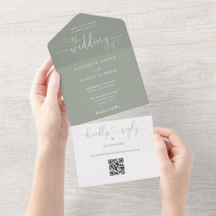 Skript-Herzen Salbeigrüner QR-Code Hochzeit All In One Einladung