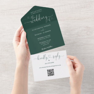 Skript-Herzen Smaragdgrün QR-Code Hochzeit All In One Einladung