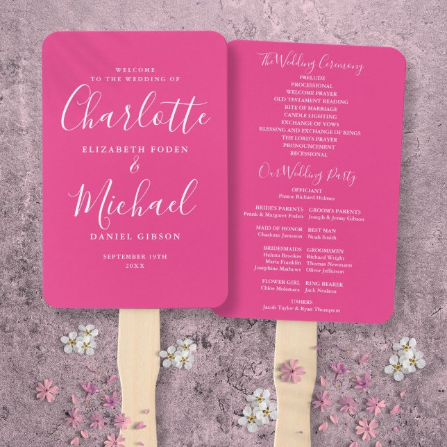 Skript-Hochzeitsprogramm für heiß rosa Signaturen Fächer (Hot Pink Signature Script Wedding Program Hand Fan)