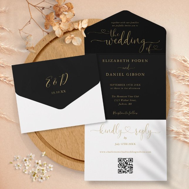 Skript Hört Schwarz und Gold QR Code Hochzeit All In One Einladung (Script Hearts Black And Gold QR Code Wedding All In One Invitation)