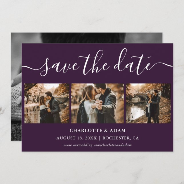 Skript Lila Hochzeitungs-Foto Speichern Sie die Da Save The Date (Vorne/Hinten)