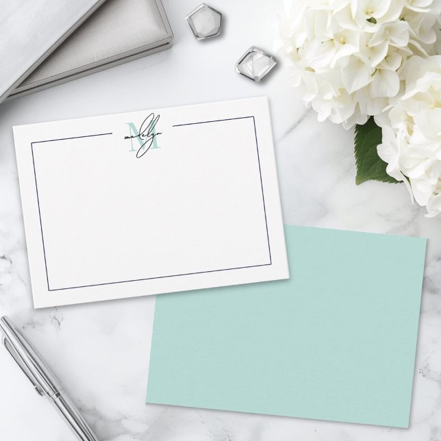 Skript-Minimalist Türkisblauer Name Monogramm Mitteilungskarte (Script Minimalist Teal Blue Name Monogram Note Card)