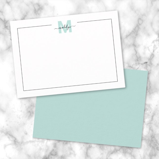 Skript Minimalistischer Aquamariner Blauer Name Mo Mitteilungskarte (Script Minimalist Teal Blue Name Monogram Note Card)