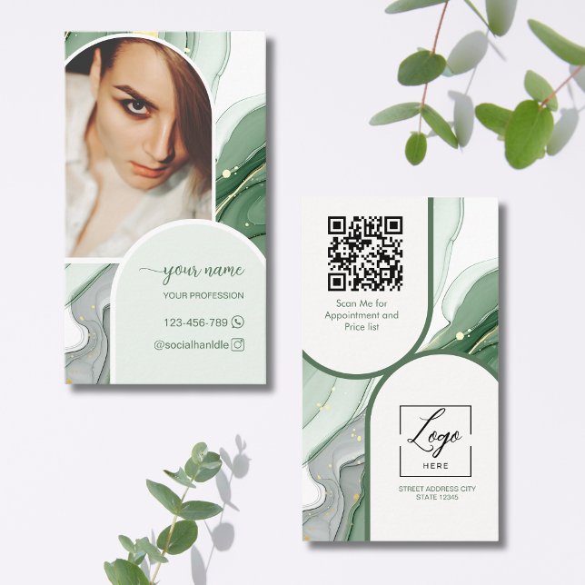Skript Moderne Bogen-Weise Grün-Foto-QR-Code-Logo Visitenkarte (Von Creator hochgeladen)