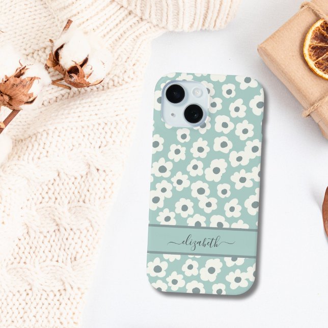 Skript Monogram Boho Grün Weiß Grau Floral  Case-Mate iPhone Hülle (Mint Green White Gray Floral Boho Monogrammed name iPhone case)