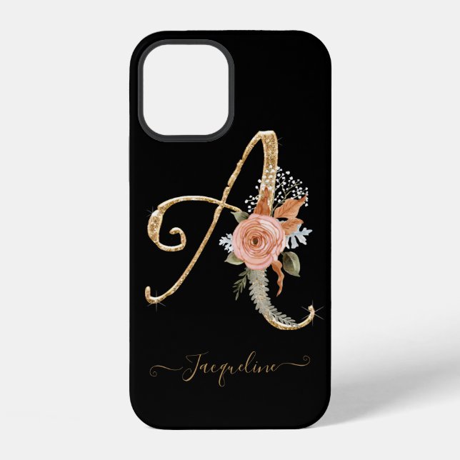 Skript-Monogramm A Schwarz Gold BOHO Rosa Florales iPhone Hülle (Rückseite)