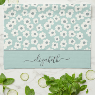 Skript-Monogramm Boho Sage Grün Weiß Grau Floral  Geschirrtuch