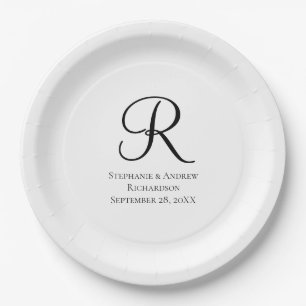 Skript-Monogramm Schwarz Weiß Elegante Hochzeit Pappteller