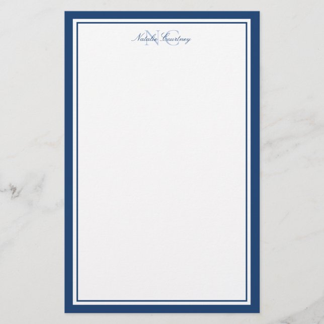 Skript Navy Blue Two Border Monogram Vertikal Briefpapier (Vorderseite)