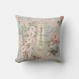 Skript Paris Eiffelturm Vintage Rosa Grau Floral Kissen