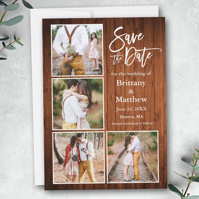 Skript-Pinsel Wood 4 Foto Verlobung Save The Date (Customize to change your personalized text size, style or to add more text & photos to back of card.)